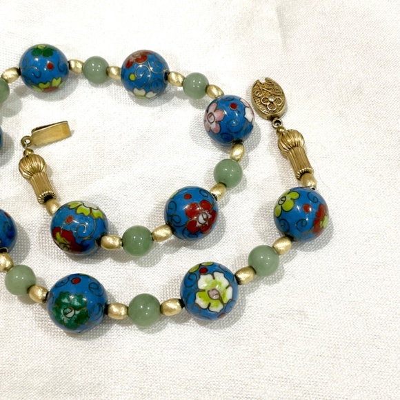 Vintage Chinese Blue Cloisonné Jadeite Sterling Silver Bead Necklace Enamel - Picture 7 of 11